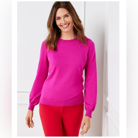 Talbots Hot Pink Ruffle Neck Sweater | Size MP Petite | Cotton Wool Blend 0012 - Picture 1 of 8